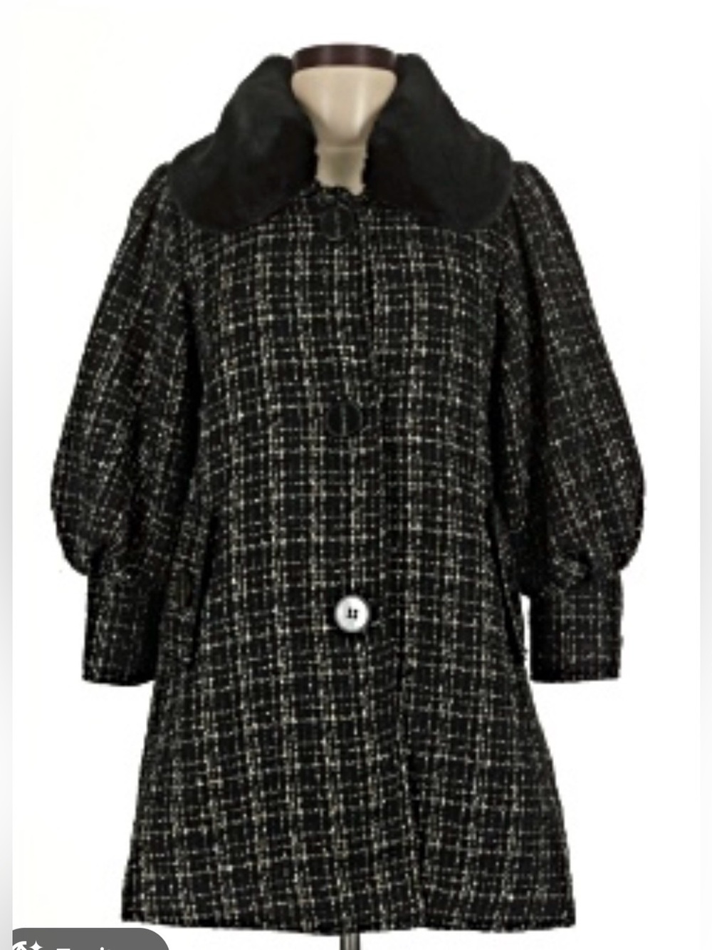 Anthropology Azel Hazel Coat Black Tweed Button-Front Coat with Velvet Collar